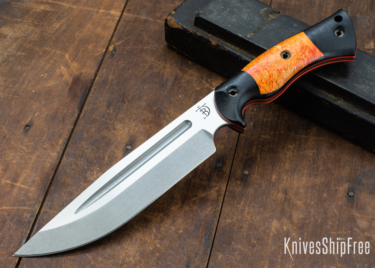 Dark Timber Knives: Honey Badger 3V - Black Micarta - Blaze Orange Box Elder - Orange Liners - Tumbled - 121607