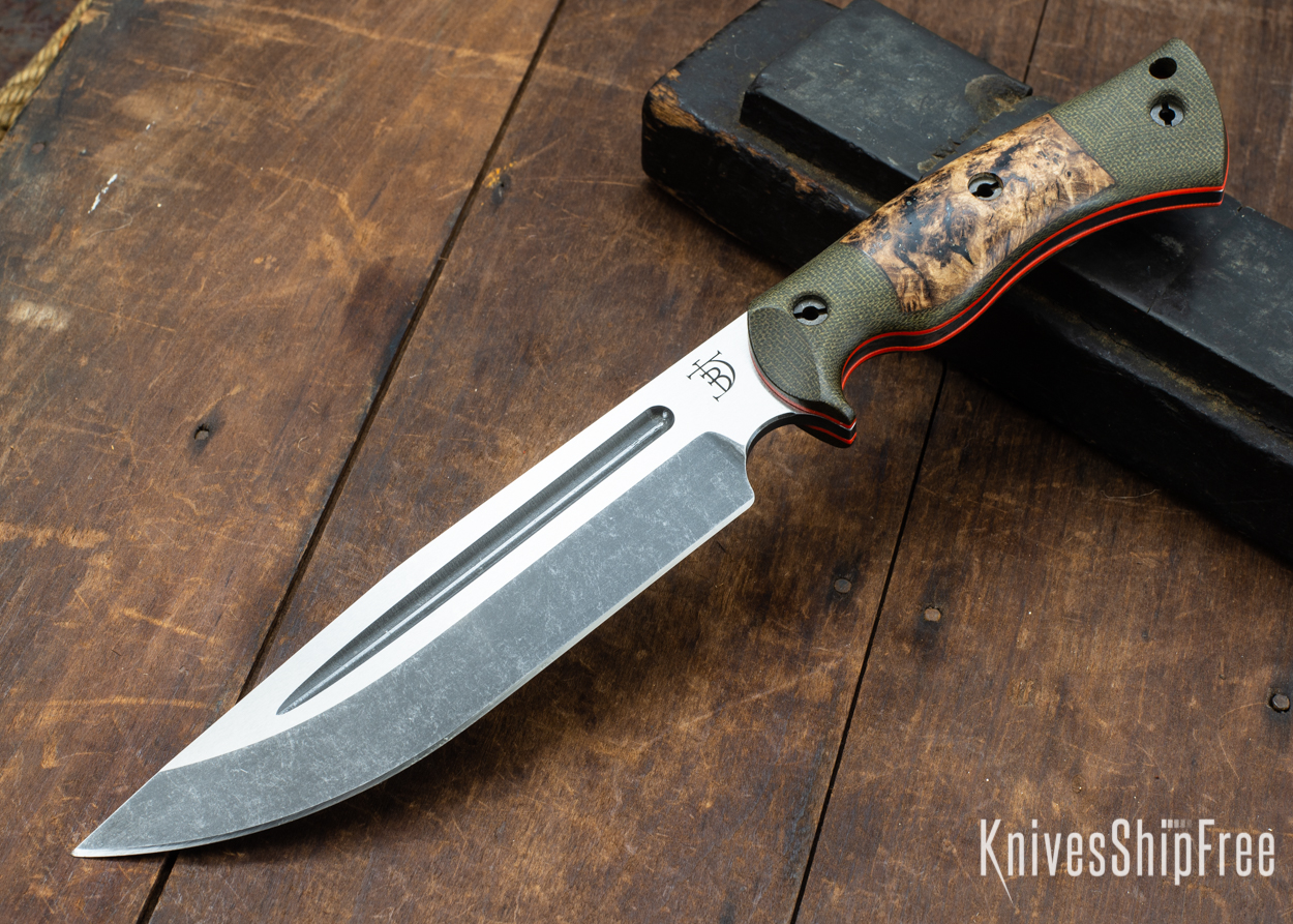 Dark Timber Knives: Honey Badger 3V - Green Micarta - Black Ash Burl - Orange Liners - Acid Washed - 121670