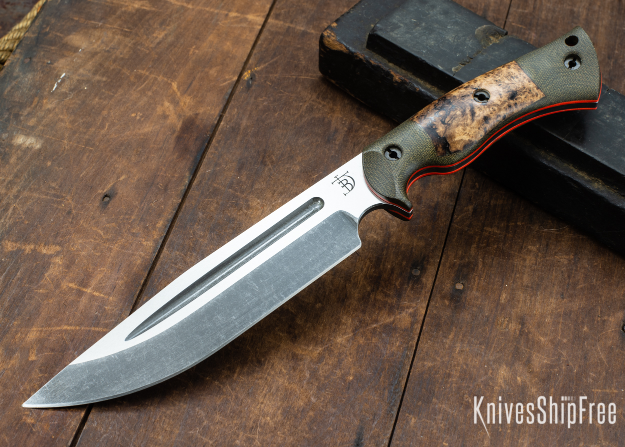 Dark Timber Knives: Honey Badger 3V - Green Micarta - Black Ash Burl - Orange Liners - Acid Washed - 121671