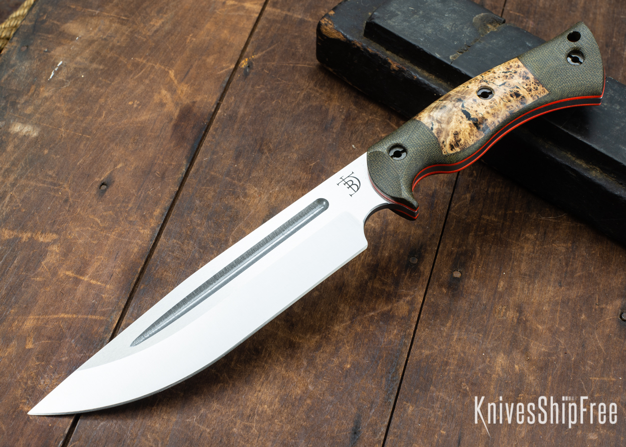 Dark Timber Knives: Honey Badger 3V - Green Micarta - Black Ash Burl - Orange Liners - Satin - 121672