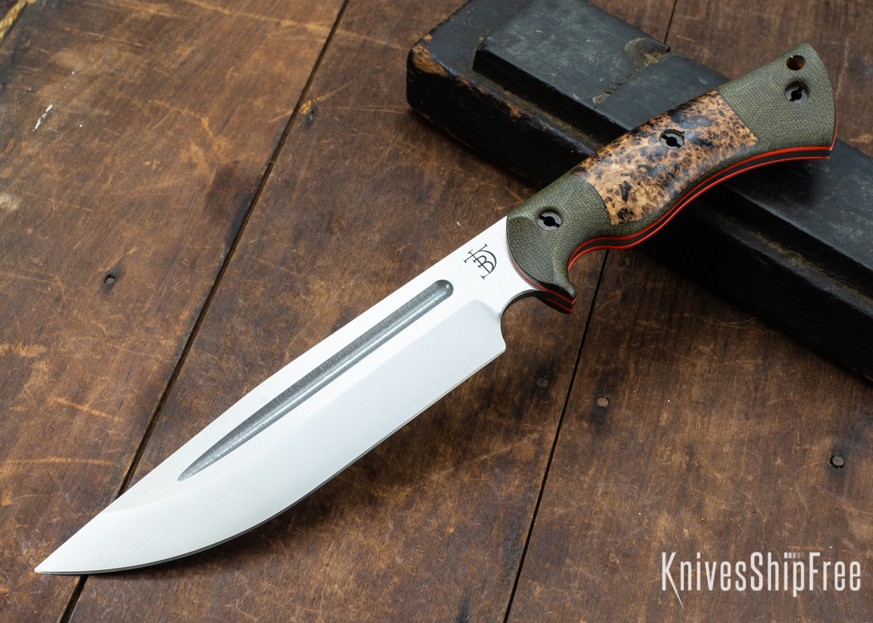 Dark Timber Knives: Honey Badger 3V - Green Micarta - Black Ash Burl - Orange Liners - Satin - 121674