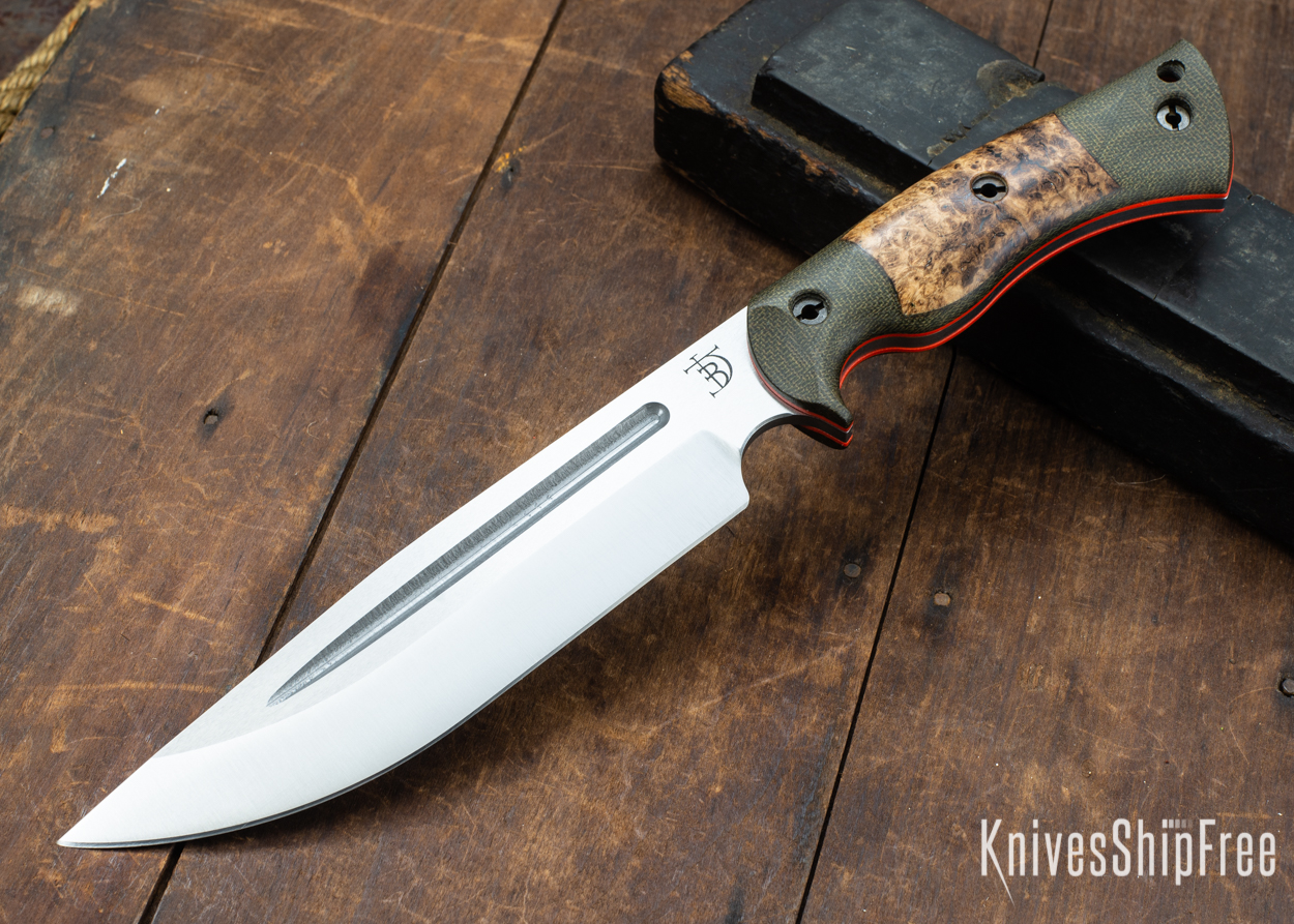 Dark Timber Knives: Honey Badger 3V - Green Micarta - Black Ash Burl - Orange Liners - Satin - 121675