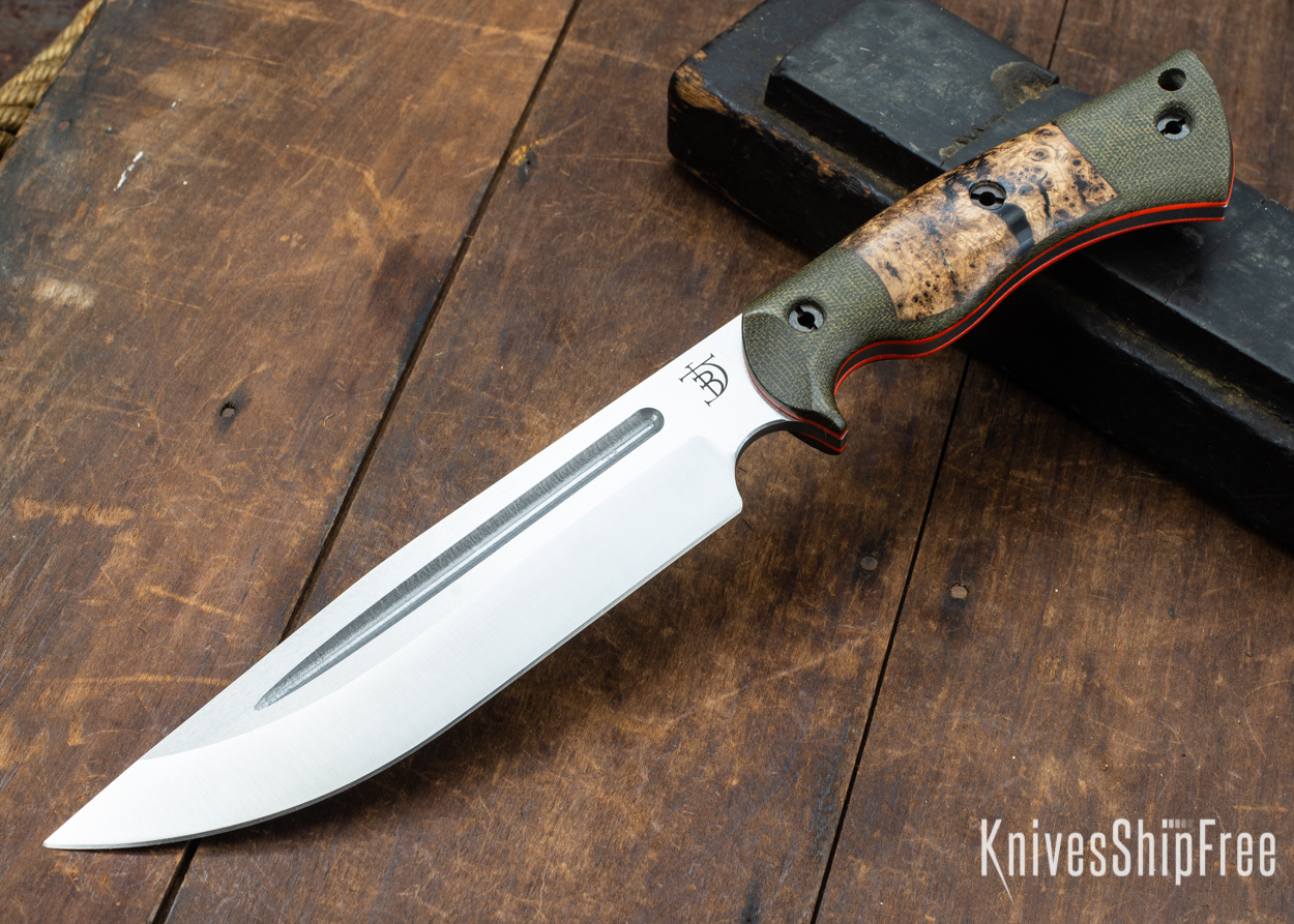 Dark Timber Knives: Honey Badger 3V - Green Micarta - Black Ash Burl - Orange Liners - Satin - 121676