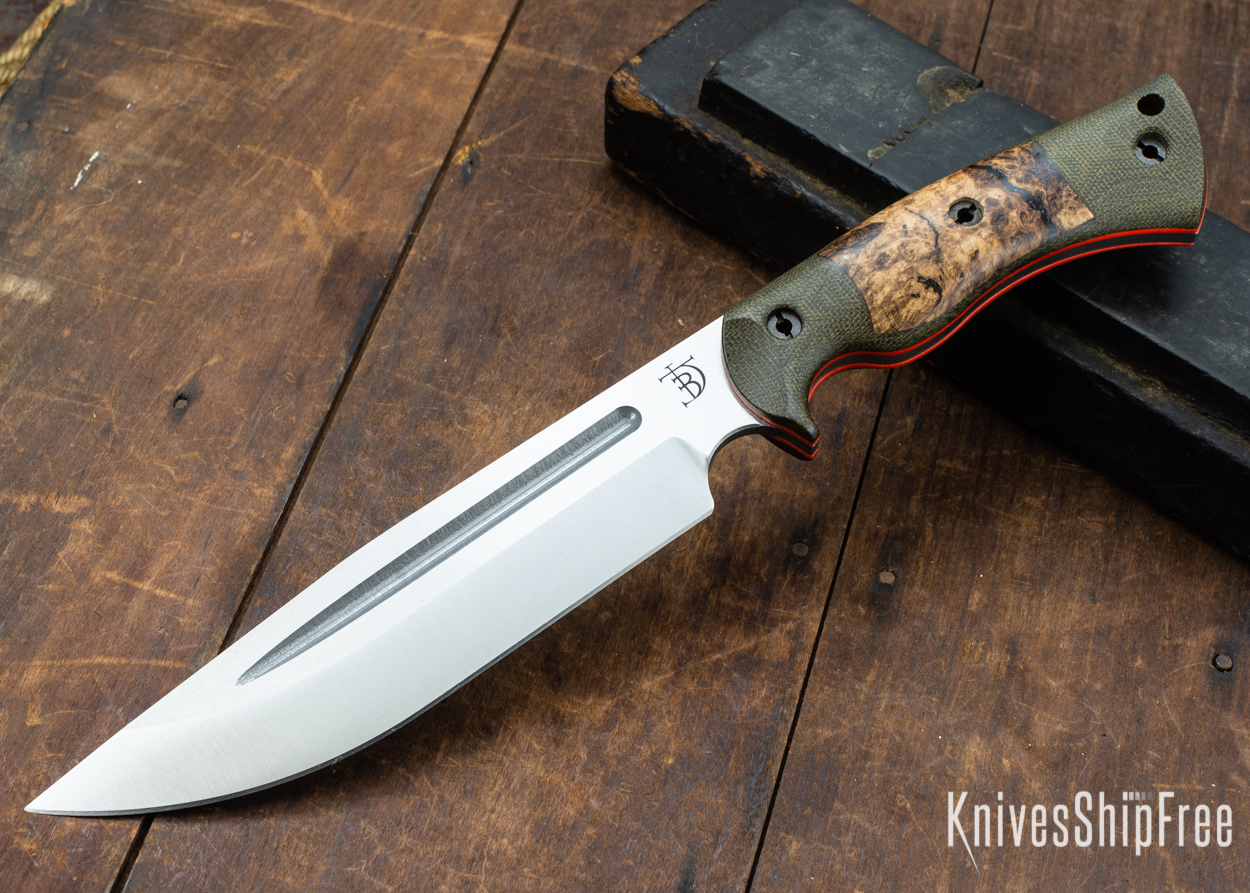 Dark Timber Knives: Honey Badger 3V - Green Micarta - Black Ash Burl - Orange Liners - Satin - 121677