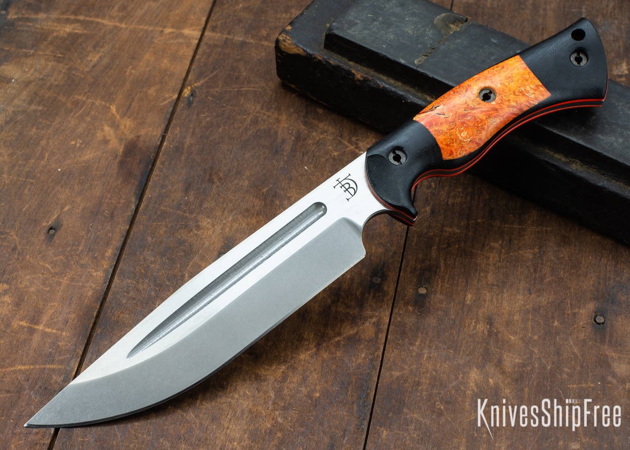 Dark Timber Knives: Honey Badger 3V - Black Micarta - Blaze Orange Box Elder - Orange Liners - Tumbled - 121609