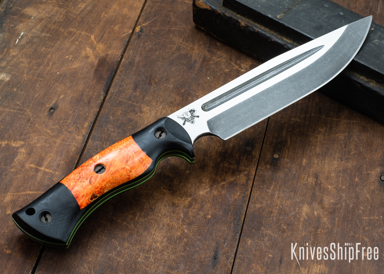 Dark Timber Knives: Honey Badger 3V - Black Micarta - Blaze Orange Box Elder - Green Liners - Acid Washed - 121612