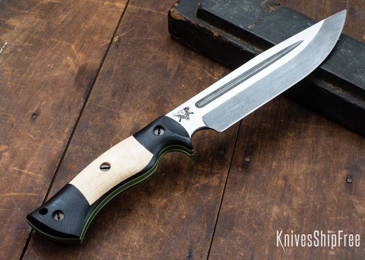 Dark Timber Knives: Honey Badger 3V - Black Micarta - Natural Curly Maple - Green Liners - Acid Washed - 121616