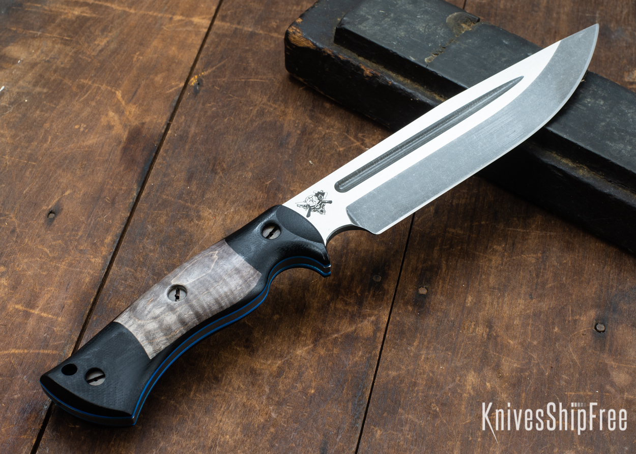 Dark Timber Knives: Honey Badger 3V - Black Micarta - Gray Curly Maple - Blue Liners - Acid Washed - 121621