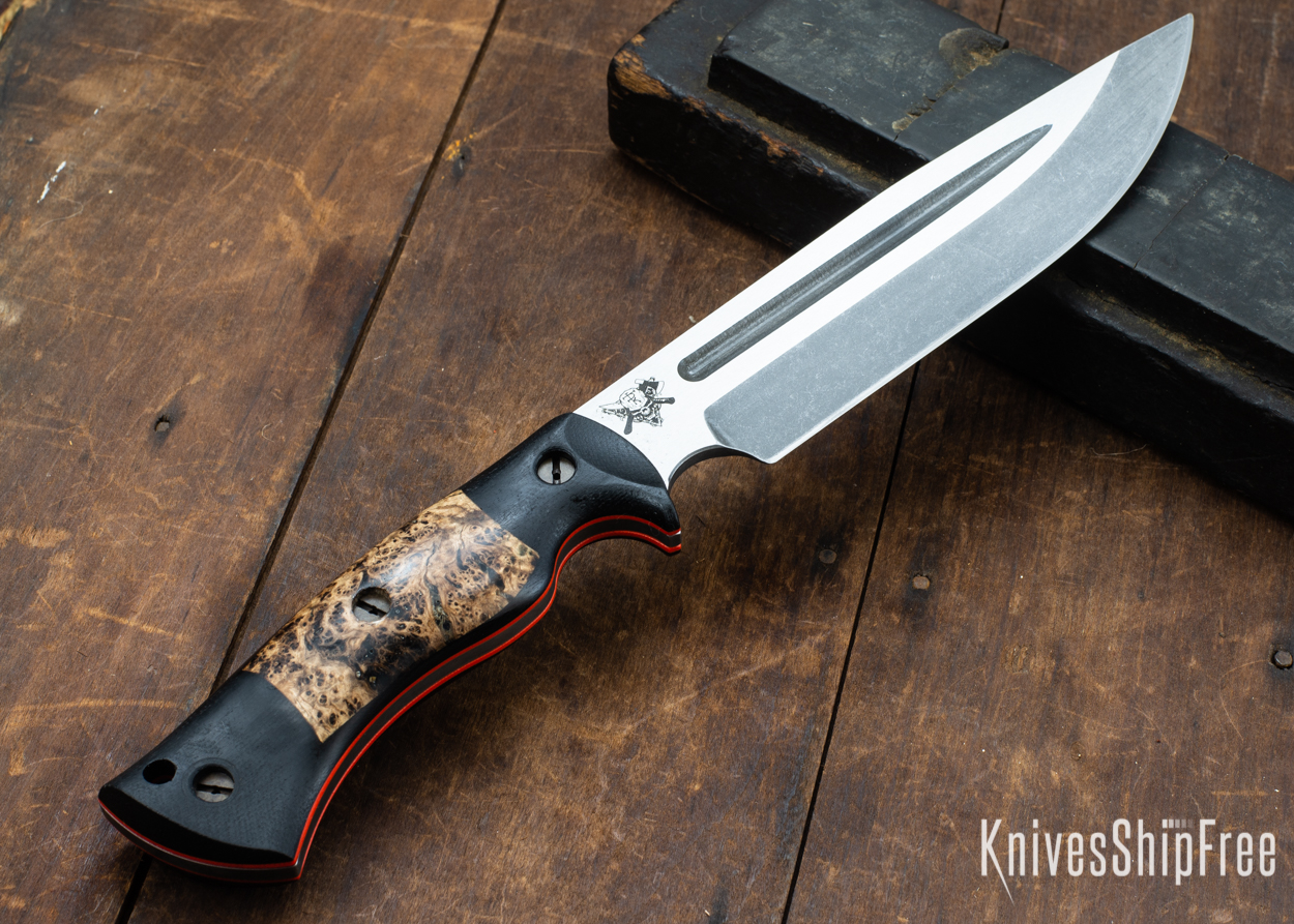 Dark Timber Knives: Honey Badger 3V - Black Micarta - Black Ash Burl - Orange Liners - Acid Washed - 121627