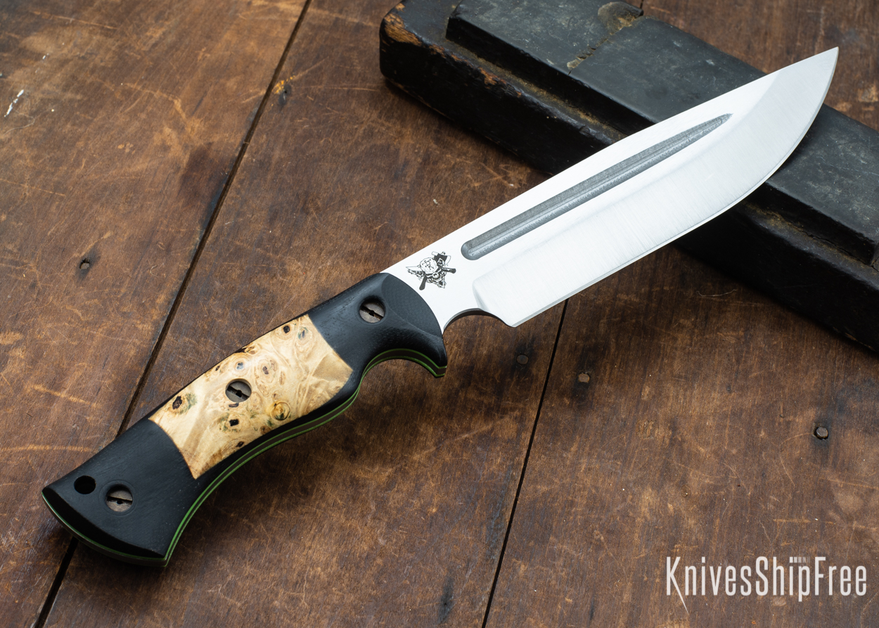 Dark Timber Knives: Honey Badger 3V - Black Micarta - Buckeye Burl - Green Liners - Satin - 121651