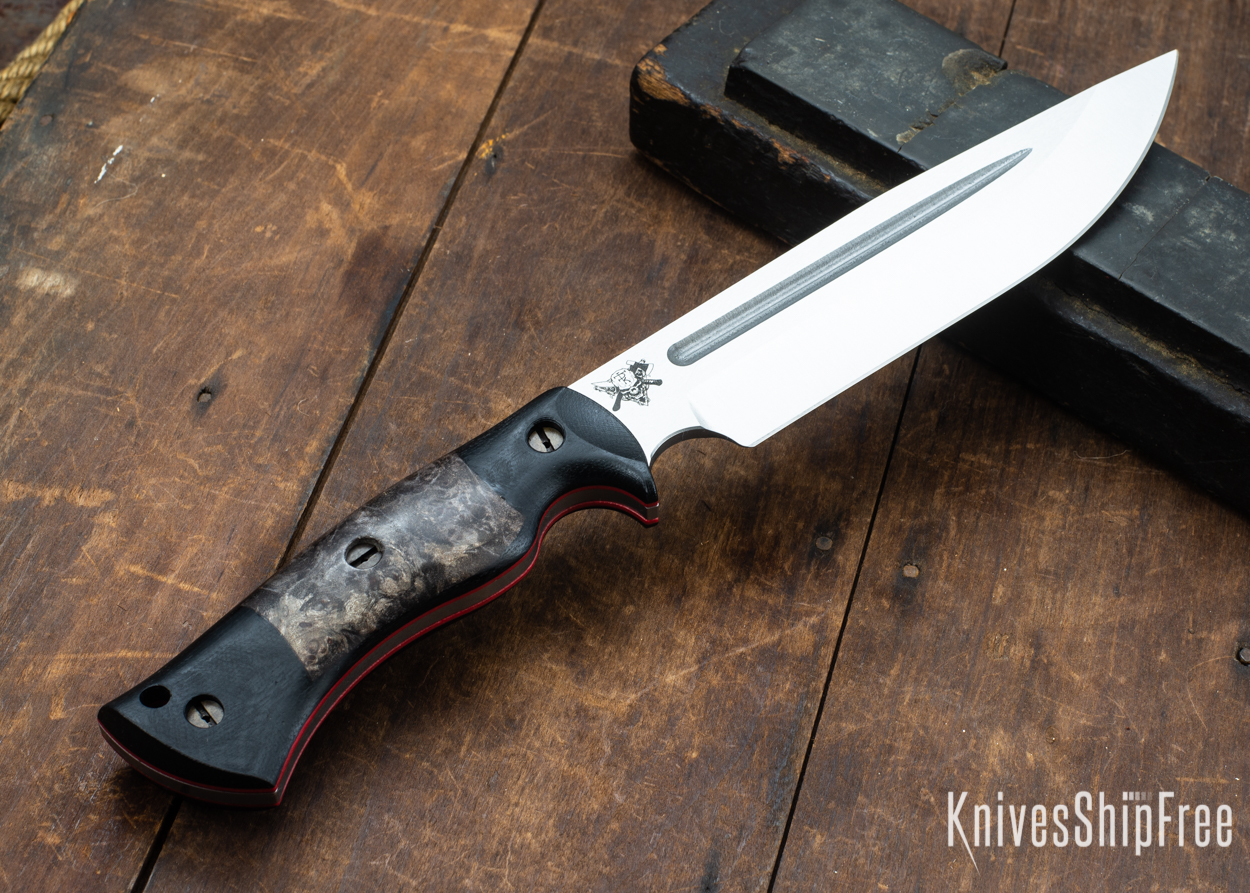 Dark Timber Knives: Honey Badger 3V - Black Micarta - Dark Maple Burl - Red Liners - Satin - 121662