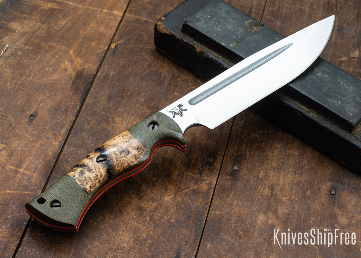 Dark Timber Knives: Honey Badger 3V - Green Micarta - Black Ash Burl - Orange Liners - Satin - 121676