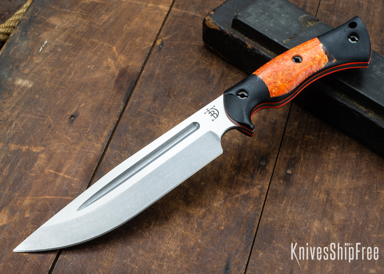 Dark Timber Knives: Honey Badger 3V - Black Micarta - Blaze Orange Box Elder - Orange Liners - Tumbled - 121608