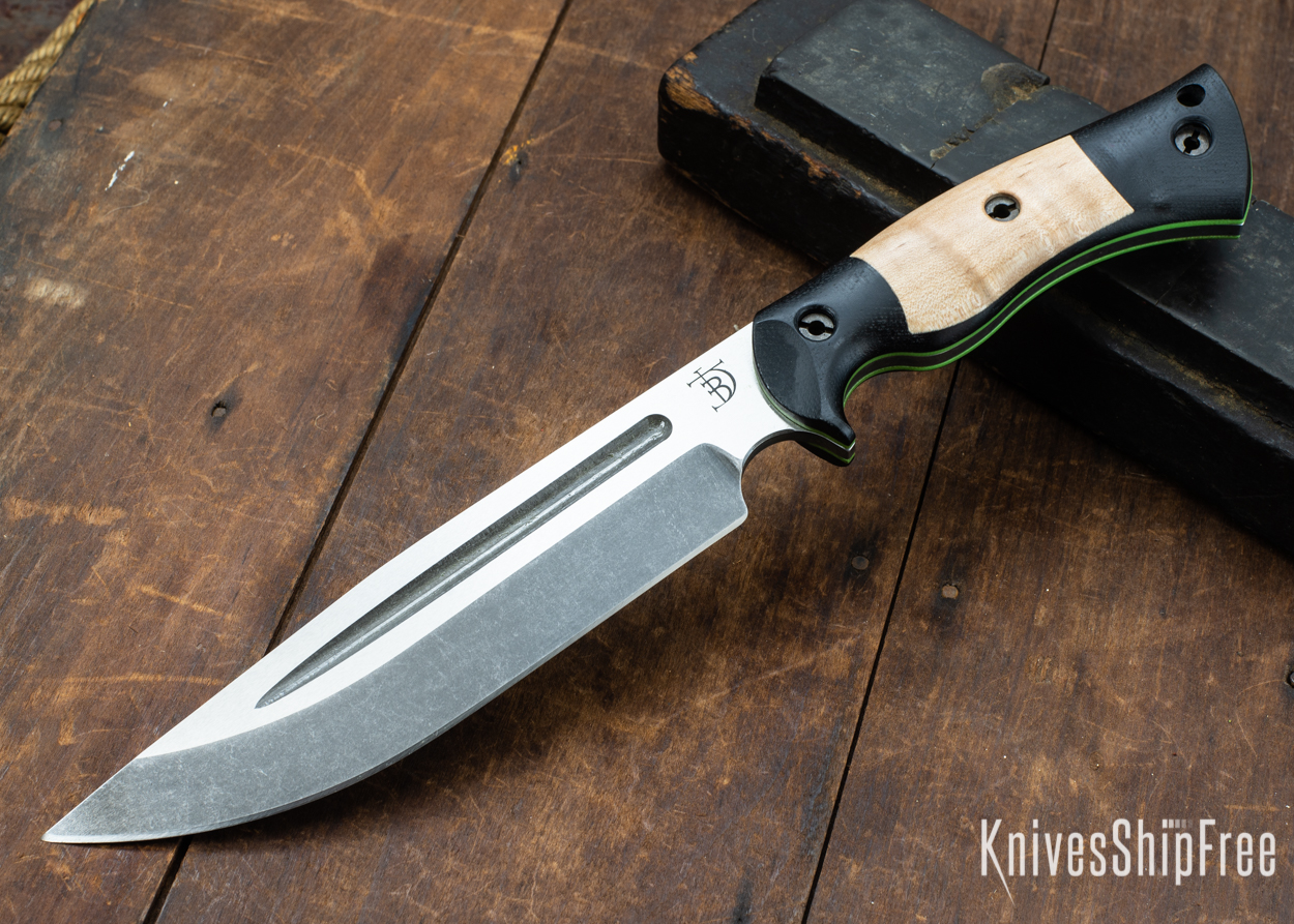 Dark Timber Knives: Honey Badger 3V - Black Micarta - Natural Curly Maple - Green Liners - Acid Washed - 121614