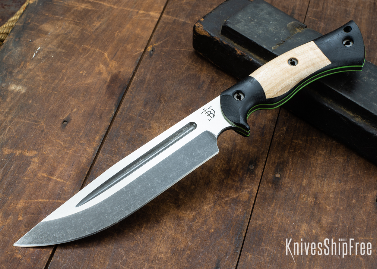 Dark Timber Knives: Honey Badger 3V - Black Micarta - Natural Curly Maple - Green Liners - Acid Washed - 121618