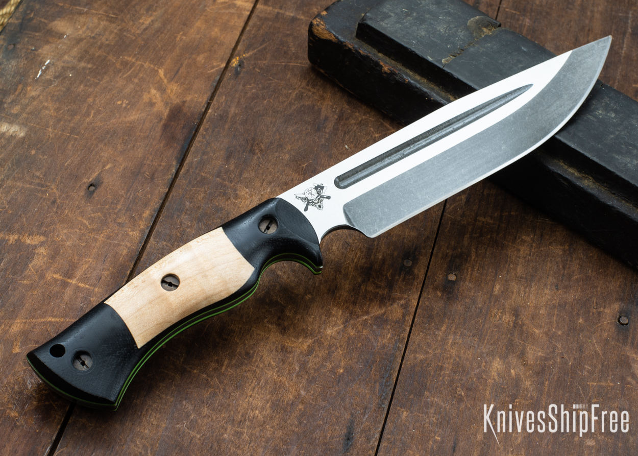 Dark Timber Knives: Honey Badger 3V - Black Micarta - Natural Curly Maple - Green Liners - Acid Washed - 121614