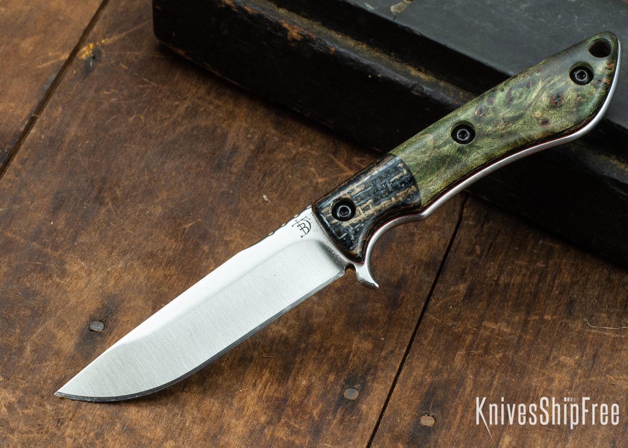 Dark Timber Knives: Tavi AEBL - Black & Tan ShadeTree Micarta - Green Maple Burl - Red Liners - Satin - 121814
