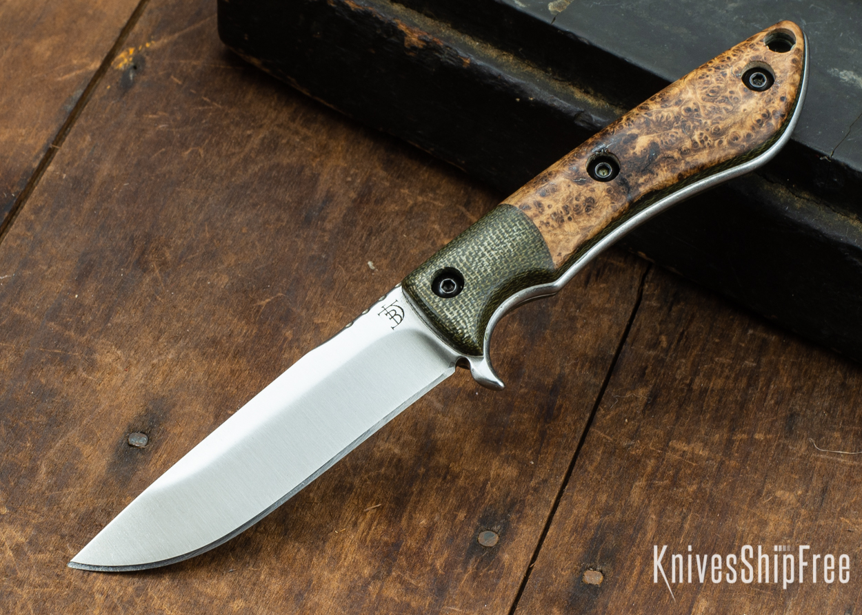 Dark Timber Knives: Tavi AEBL - Green Micarta - Black Ash Burl - White Liners - Satin - 121821