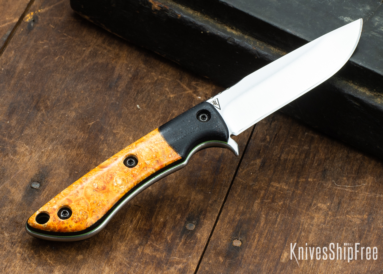 Dark Timber Knives: Tavi AEBL - Black Micarta - Blaze Orange Box Elder Burl - Green Liners - Satin - 121811