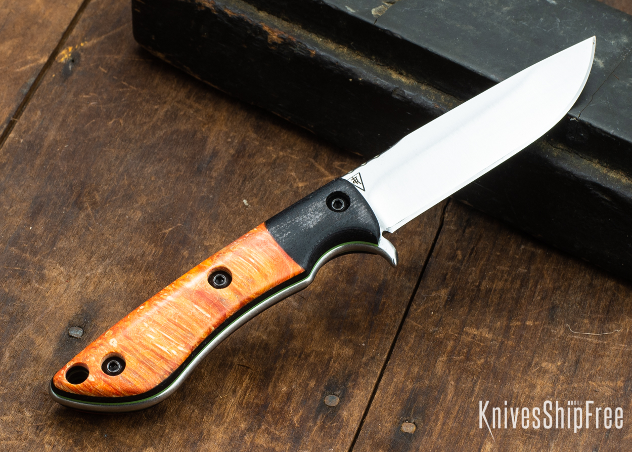 Dark Timber Knives: Tavi AEBL - Black Micarta - Blaze Orange Box Elder Burl - Green Liners - Satin - 121812