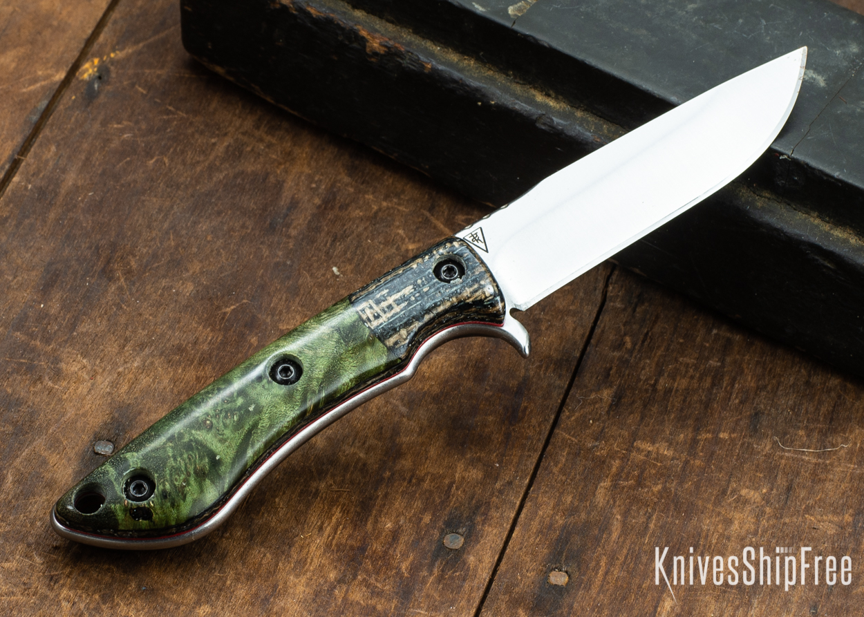 Dark Timber Knives: Tavi AEBL - Black & Tan ShadeTree Micarta - Green Maple Burl - Red Liners - Satin - 121814