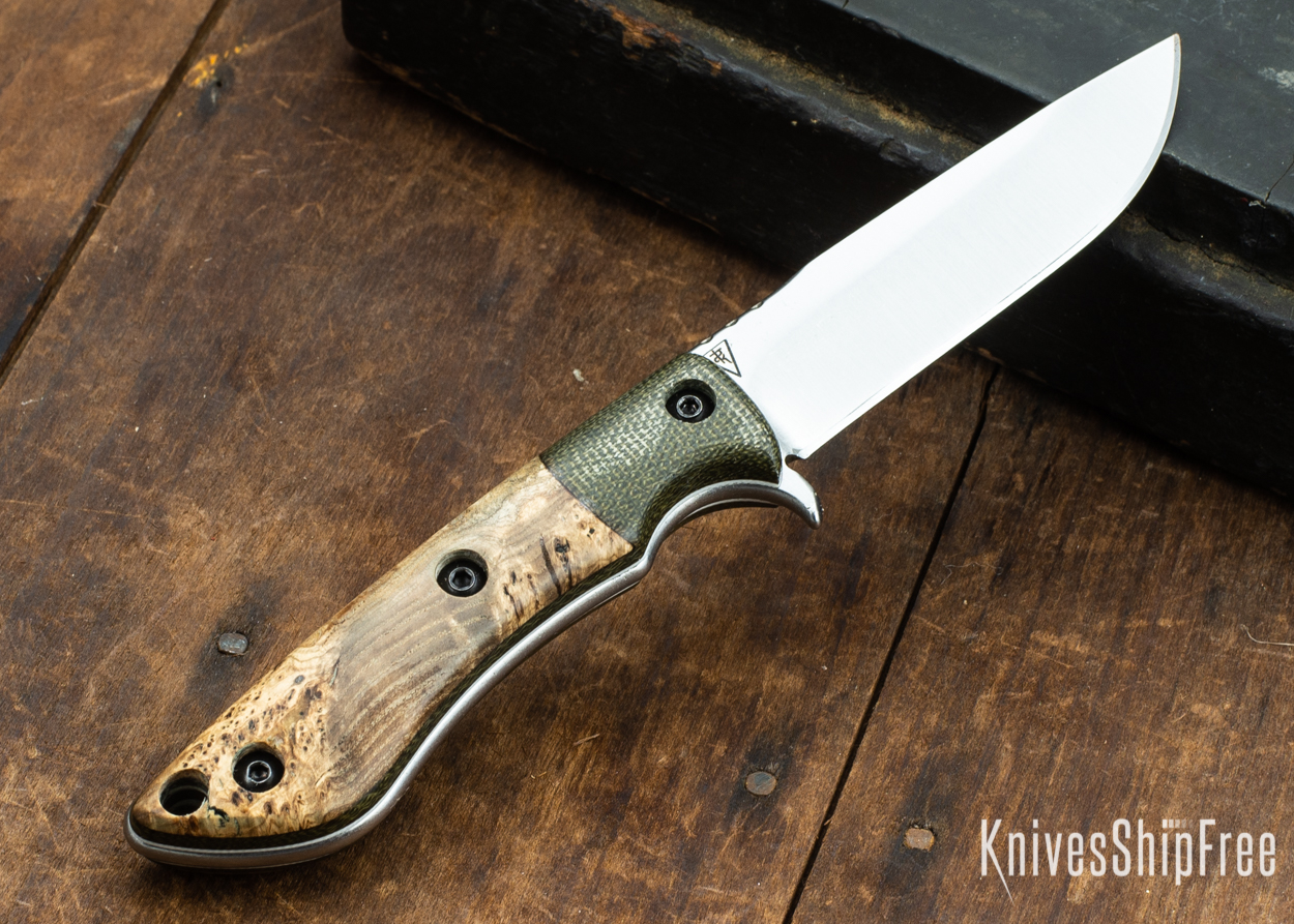 Dark Timber Knives: Tavi AEBL - Green Micarta - Black Ash Burl - White Liners - Satin - 121817