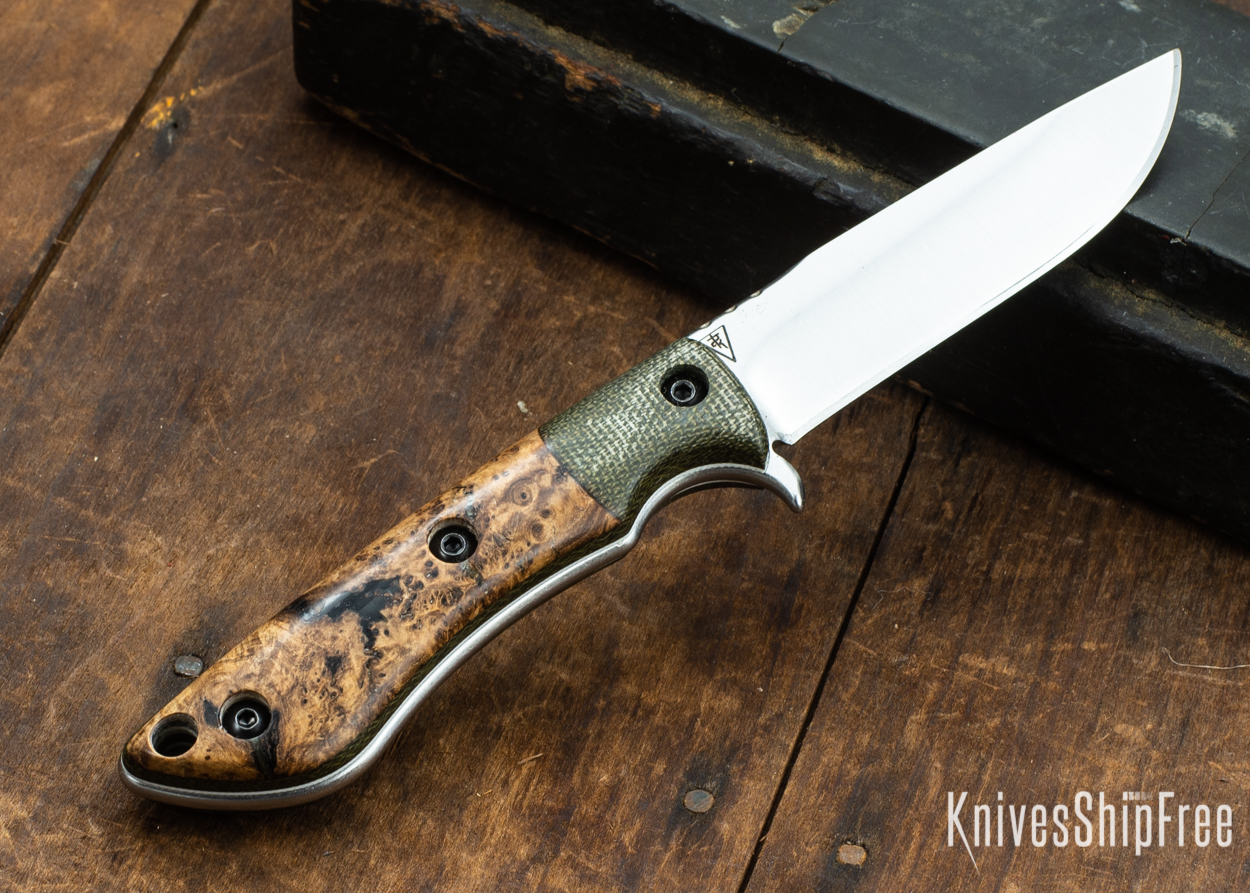 Dark Timber Knives: Tavi AEBL - Green Micarta - Black Ash Burl - White Liners - Satin - 121819