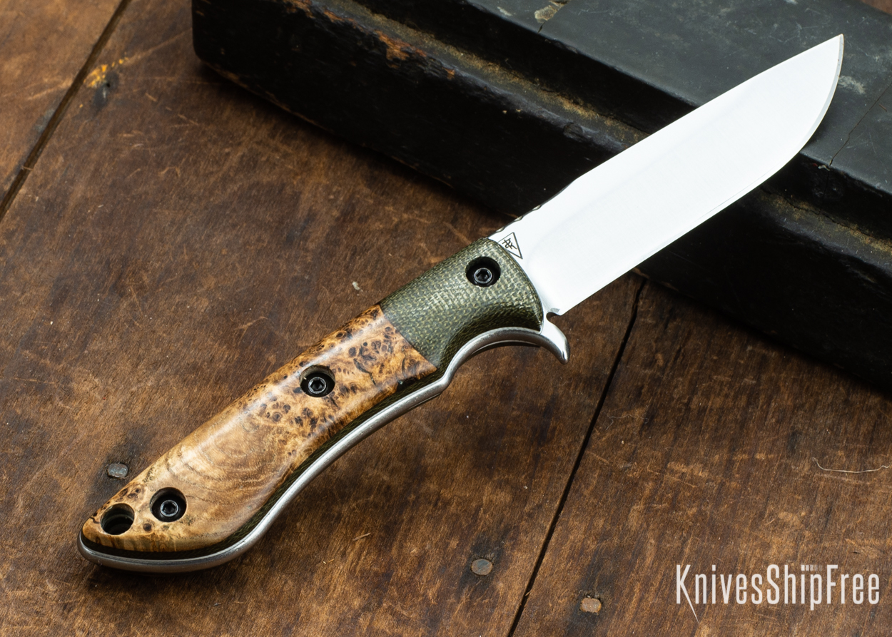 Dark Timber Knives: Tavi AEBL - Green Micarta - Black Ash Burl - White Liners - Satin - 121820