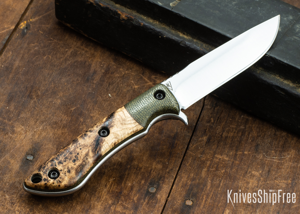 Dark Timber Knives: Tavi AEBL - Green Micarta - Black Ash Burl - White Liners - Satin - 121821