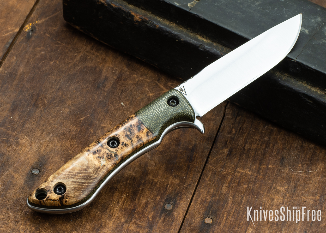 Dark Timber Knives: Tavi AEBL - Green Micarta - Black Ash Burl - White Liners - Satin - 121822