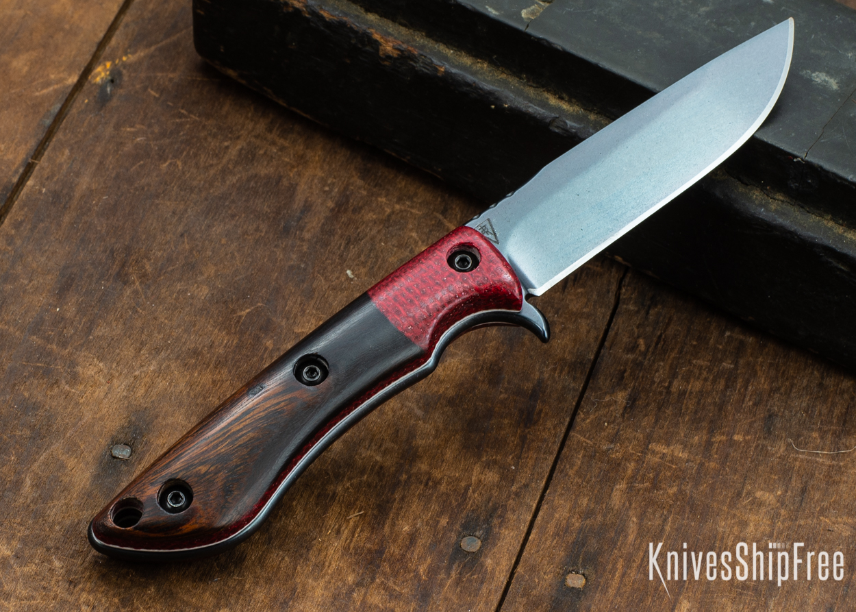 Dark Timber Knives: Tavi AEBL - Desert Ironwood - Red ShadeTree Micarta - White Liners - TLAIN Coating - 121823