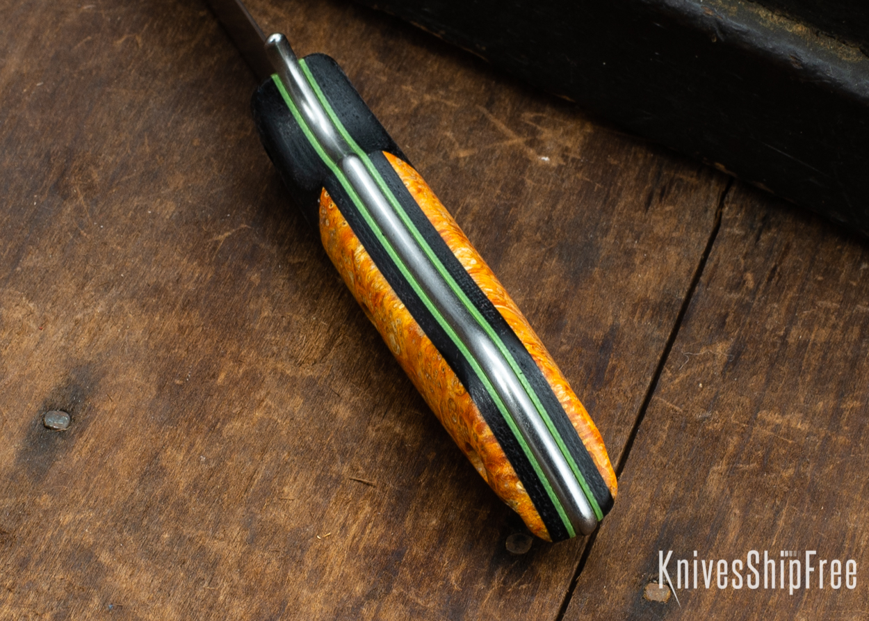 Dark Timber Knives: Tavi AEBL - Black Micarta - Blaze Orange Box Elder Burl - Green Liners - Satin - 121811