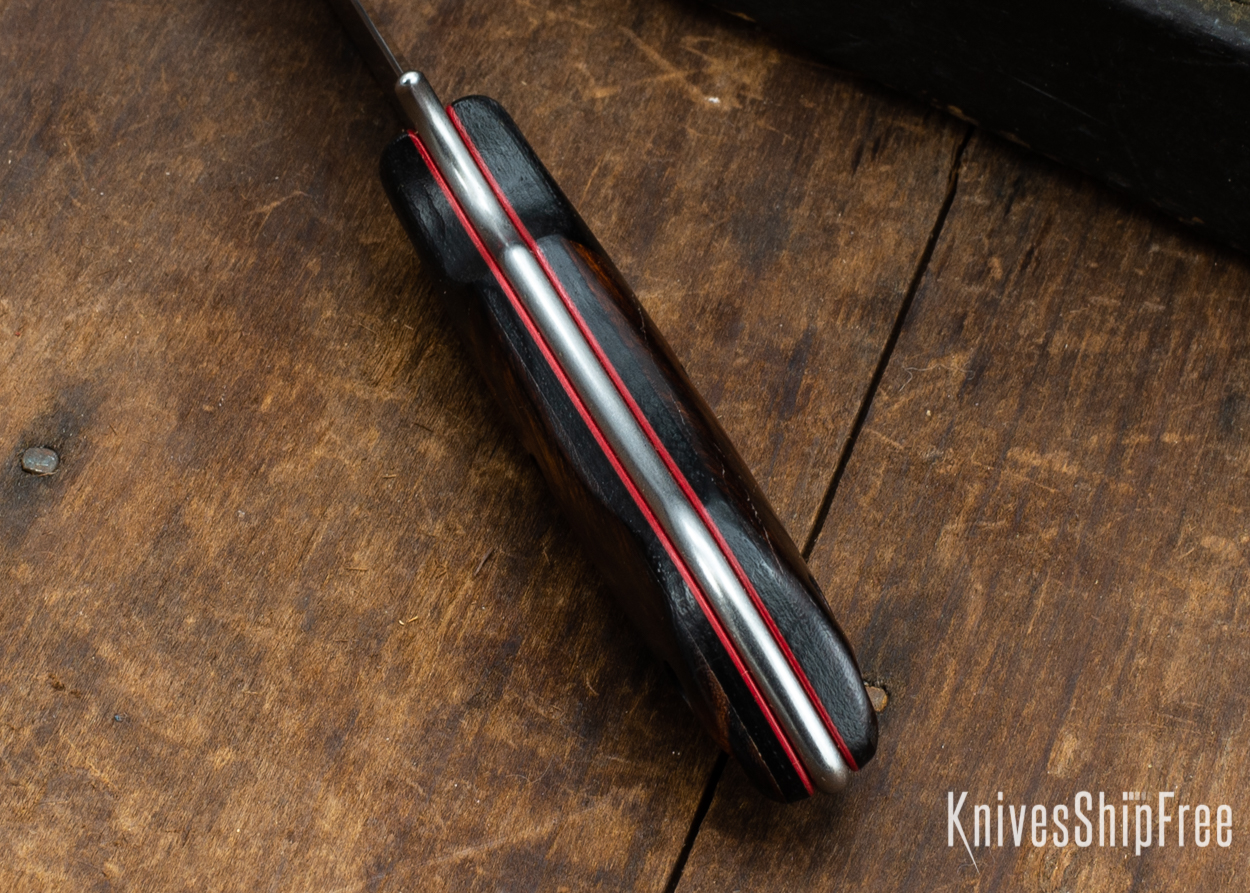 Dark Timber Knives: Tavi AEBL - Black Micarta - Desert Ironwood - Red Liners - Satin - 121805