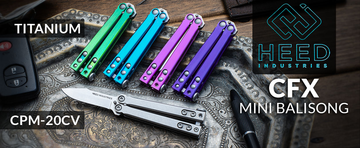 Heed Industries: CFX Mini Balisong - Blue Anodized Titanium - CPM-20CV