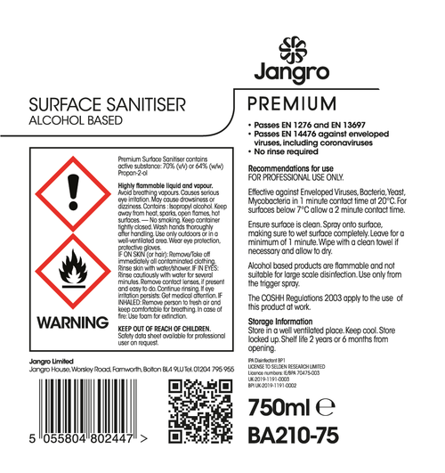 Premium Alcohol Surface Sanitiser 750ml Trigger Spray