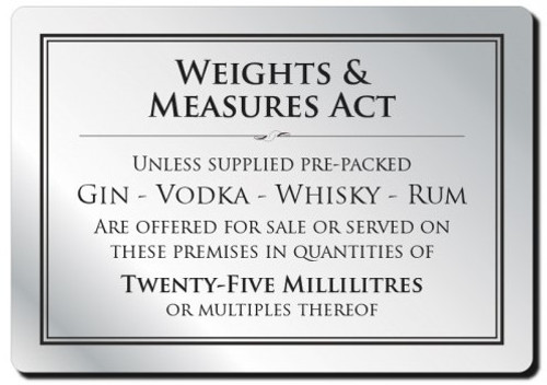 ﻿Weights & Measures Act Rigid Sign Rounded Corners 25ml Black/Silver