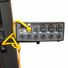 Rear panel of Bose ToneMatch audio engine showing power, USB, master outputs, auxiliary input, and four channel input connections with yellow cable attached. card