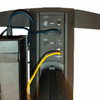 Rear view of Bose L1 Model II base and power stand showing AC input, power switch, ToneMatch connection, bass line-out connection, and connected cables. card