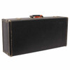 Black hard saxophone case with worn corner protectors and hardware. card