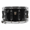 Side view of Ludwig black snare drum showing chrome hardware, Ludwig badge, and shell finish. card