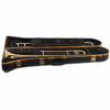 Bach Soloist Bb student trombone stored inside its fitted black hard case. card
