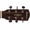 Front close-up of Alvarez AF60 headstock showing Alvarez logo, decorative inlay, and chrome tuning machines. card