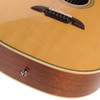 Close-up of Alvarez AF60 lower body showing natural top, bridge, herringbone purfling, wood-grain side, and strap button. card