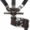 Close-up of Sonor snare stand basket and tilt assembly showing chrome adjustment hardware with light scratches and surface wear. card