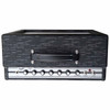 Top view of Supro Amulet amplifier showing volume, treble, bass, reverb, tremolo, output power, standby, and power controls. card