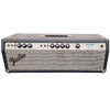 Front view of a 1977 Fender Bassman 100 amplifier head with black covering, silverface control panel, blue-and-silver grille cloth, and Fender logo. card