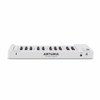 Rear angle view of Arturia MicroLab mk3 25-key MIDI controller in white with USB-C port, control input, touch strips, and compact keyboard. card