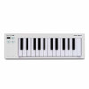 Top view of Arturia MicroLab mk3 25-key MIDI controller in white showing velocity-sensitive keys, touch strips, octave buttons, and transport controls. card