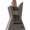Angled front view of ESP LTD EX-50 showing the metallic silver body, dual humbucking pickups, black bridge, and controls. card