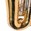 Close-up of the saxophone bow showing clustered surface scratches in the gold lacquer. card
